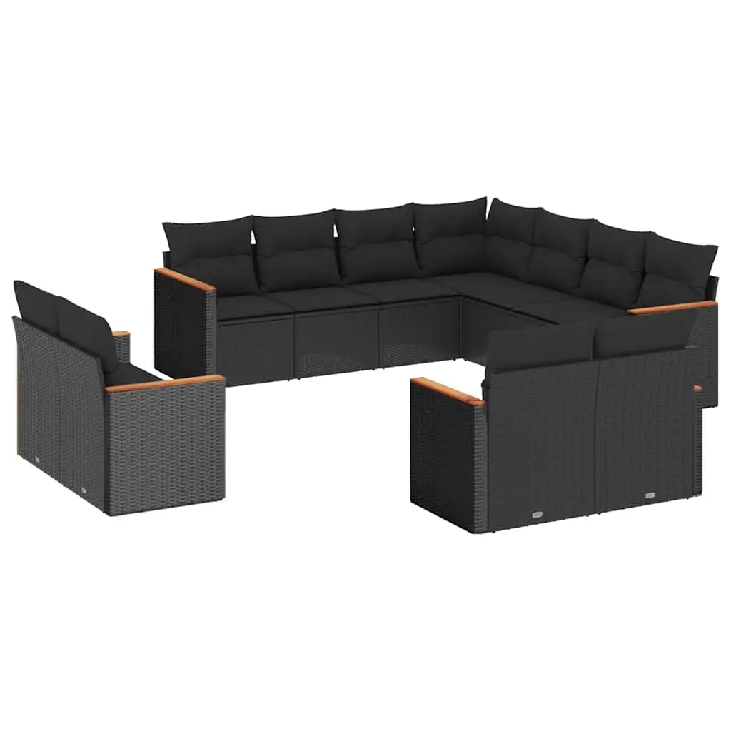 11 Piece Garden Sofa Set with Cushions Black Poly Rattan 3258898 - Furniture