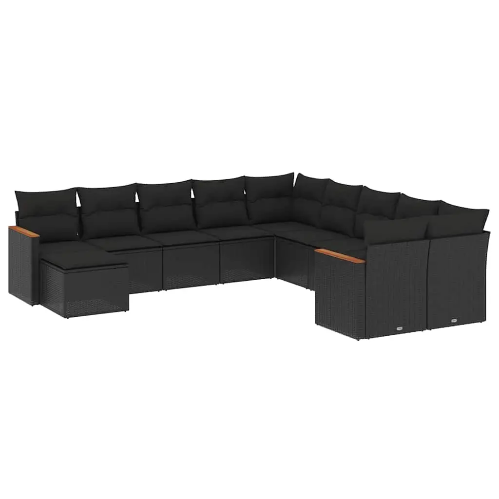 11 Piece Garden Sofa Set with Cushions Black Poly Rattan 3258968 - Furniture