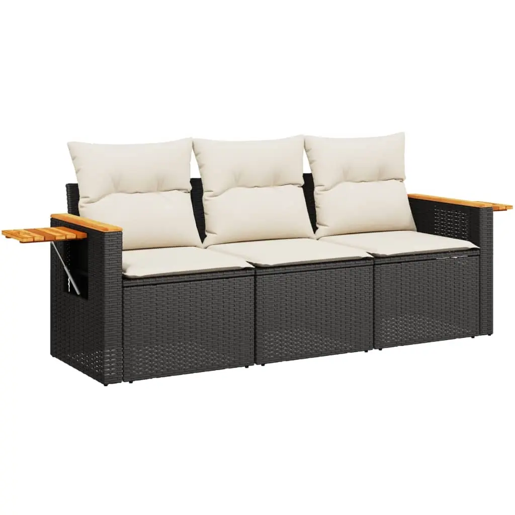 3 Piece Garden Sofa Set with Cushions Black Poly Rattan 3258997 - Furniture