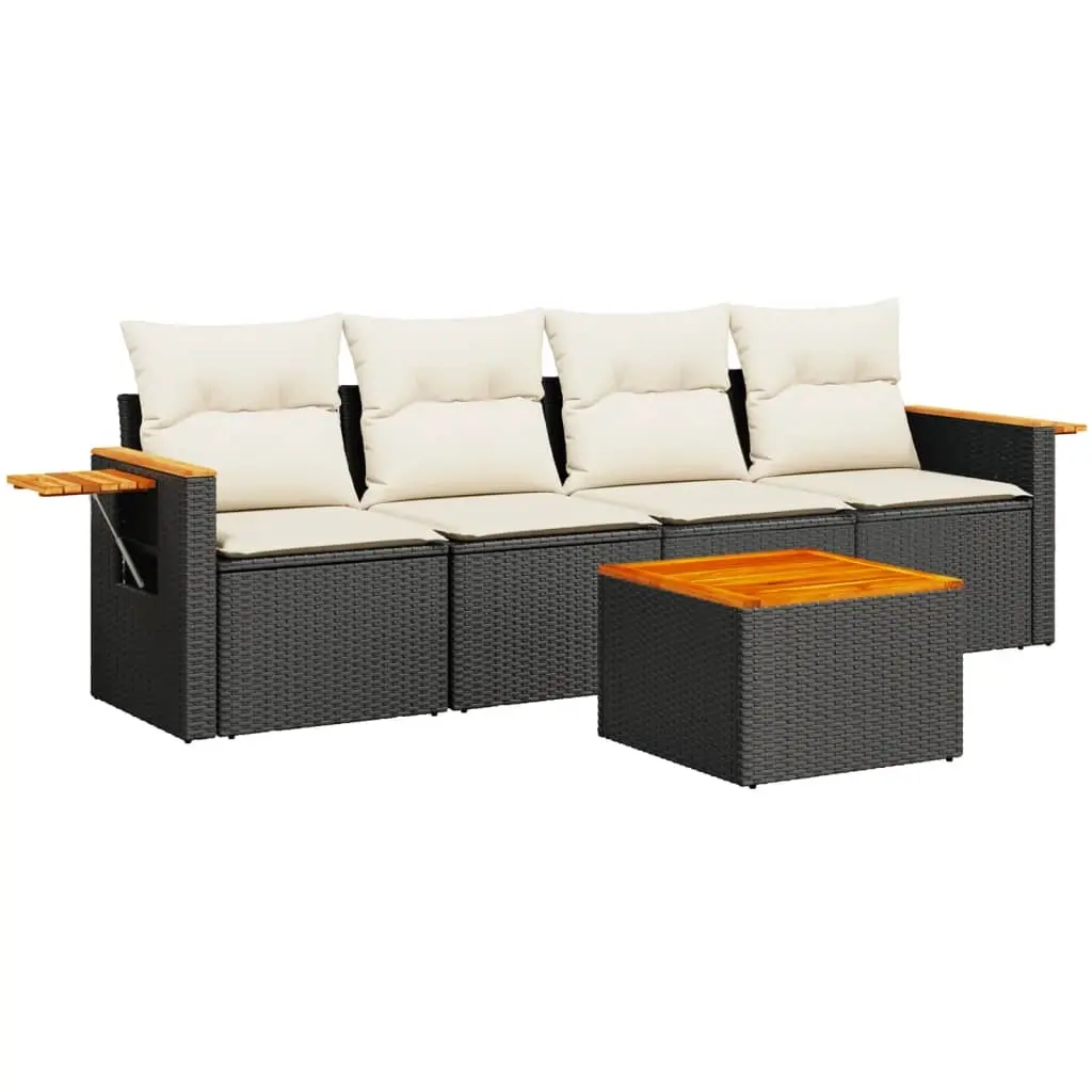 5 Piece Garden Sofa Set with Cushions Black Poly Rattan 3259018 - Furniture
