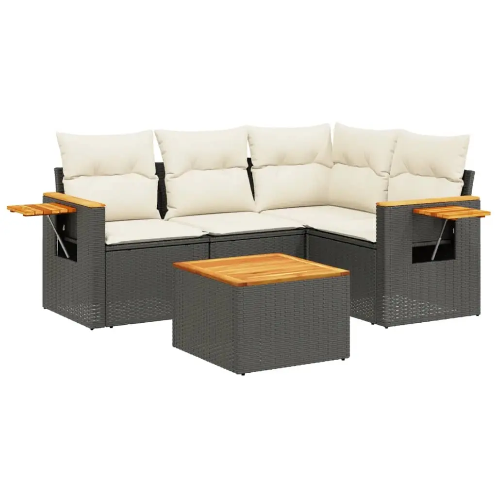 5 Piece Garden Sofa Set with Cushions Black Poly Rattan 3259179 - Furniture