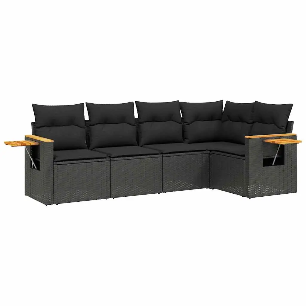 5 Piece Garden Sofa Set with Cushions Black Poly Rattan 3259185 - Furniture