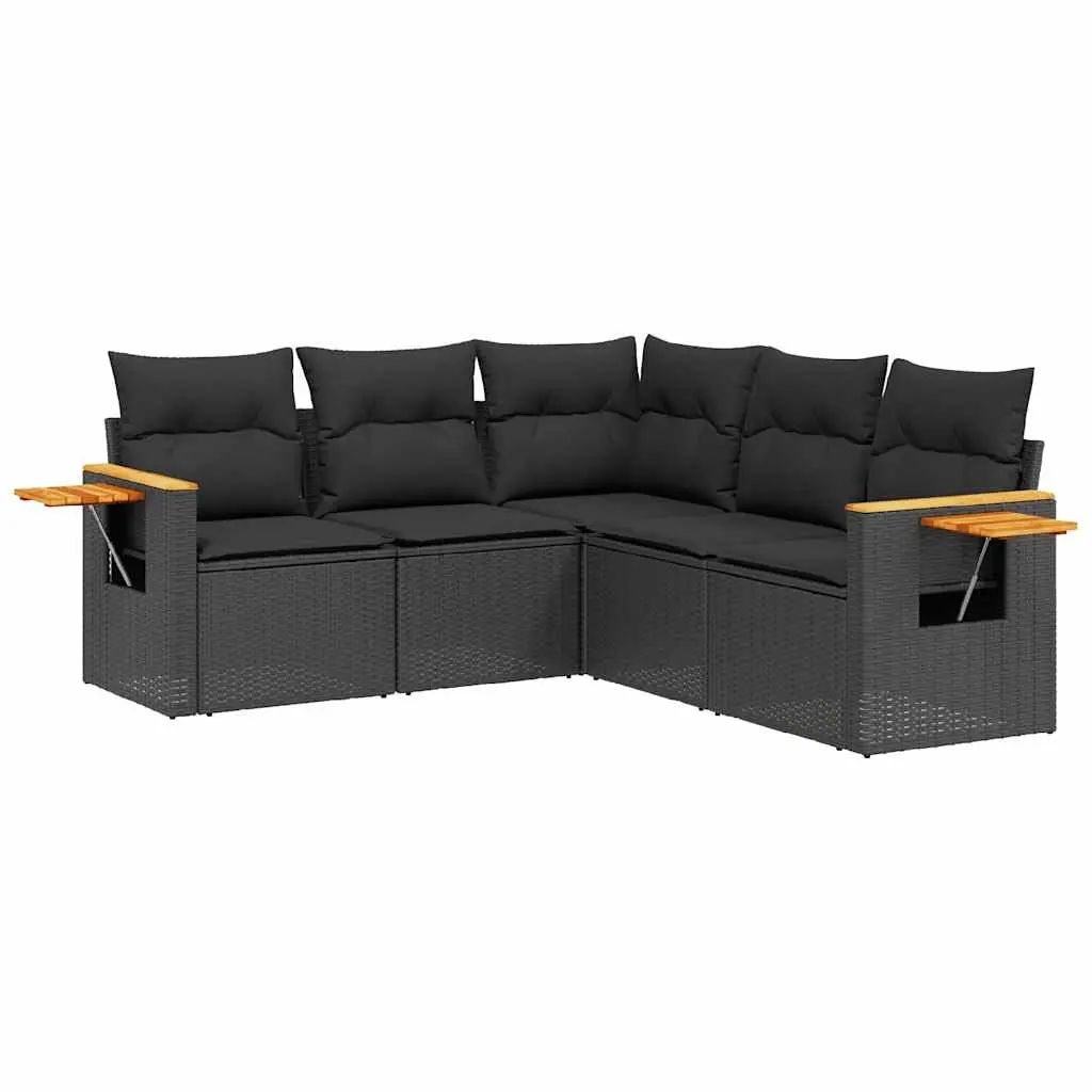 5 Piece Garden Sofa Set with Cushions Black Poly Rattan 3259199 - Furniture