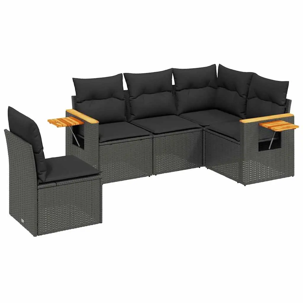 5 Piece Garden Sofa Set with Cushions Black Poly Rattan 3259213 - Furniture