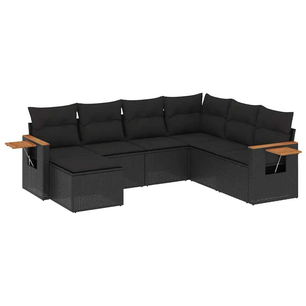 7 Piece Garden Sofa Set with Cushions Black Poly Rattan 3259444 - Furniture