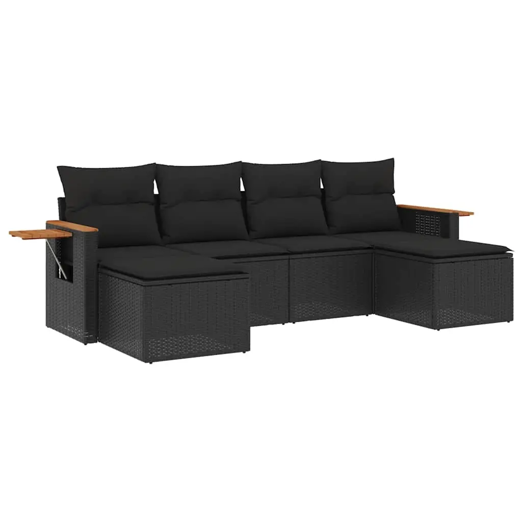 6 Piece Garden Sofa Set with Cushions Black Poly Rattan 3259458 - Furniture