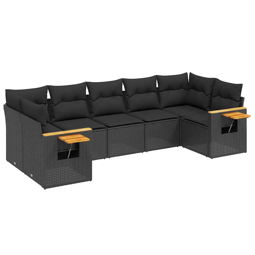 7 Piece Garden Sofa Set with Cushions Black Poly Rattan 3259507 - Furniture