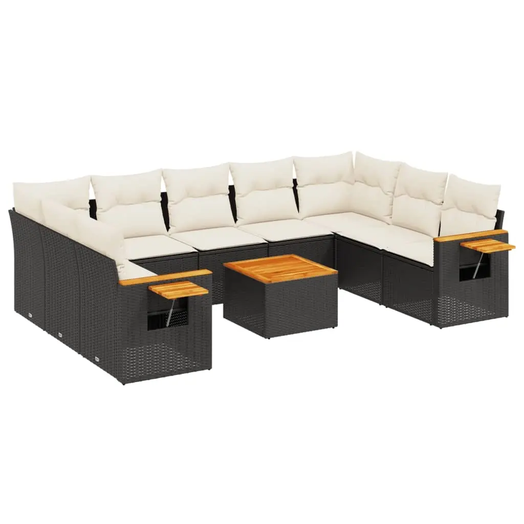 10 Piece Garden Sofa Set with Cushions Black Poly Rattan 3259522 - Furniture
