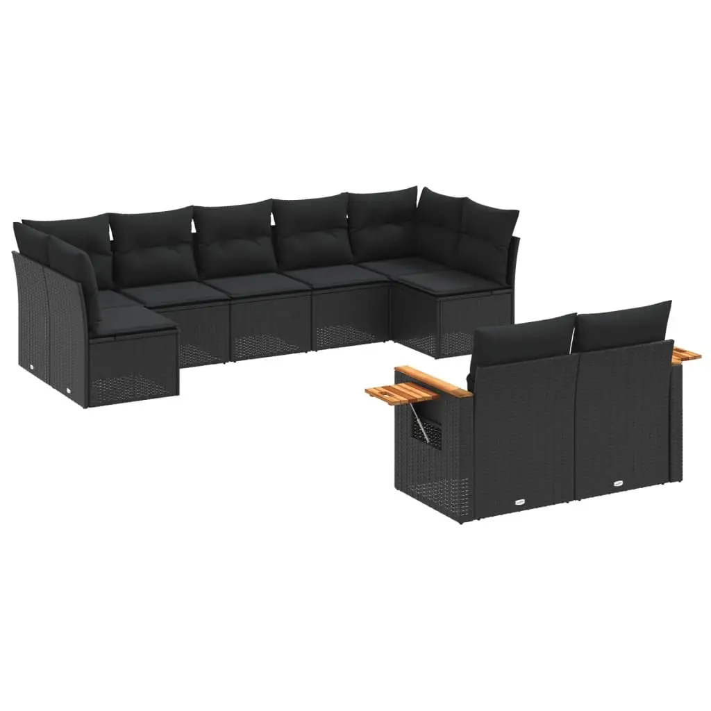 9 Piece Garden Sofa Set with Cushions Black Poly Rattan 3259528 - Furniture