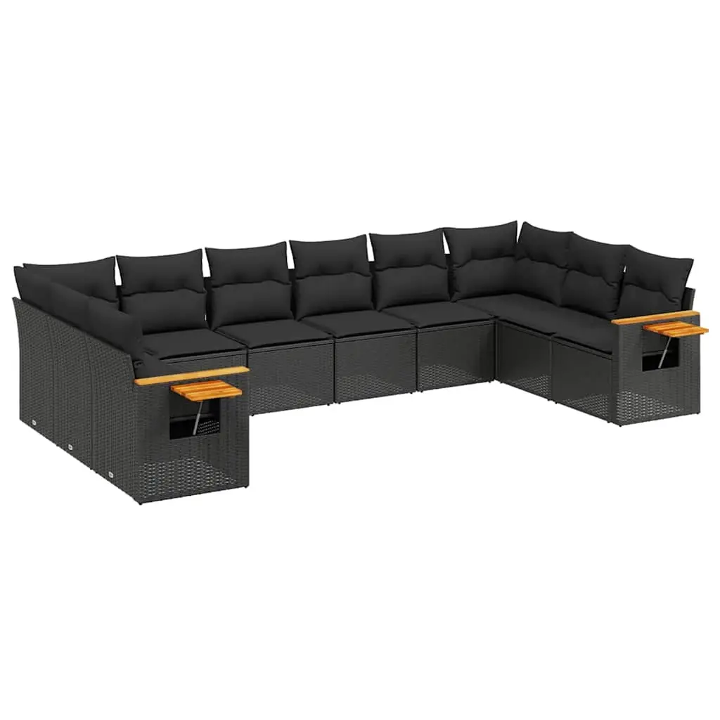 10 Piece Garden Sofa Set with Cushions Black Poly Rattan 3259563 - Furniture