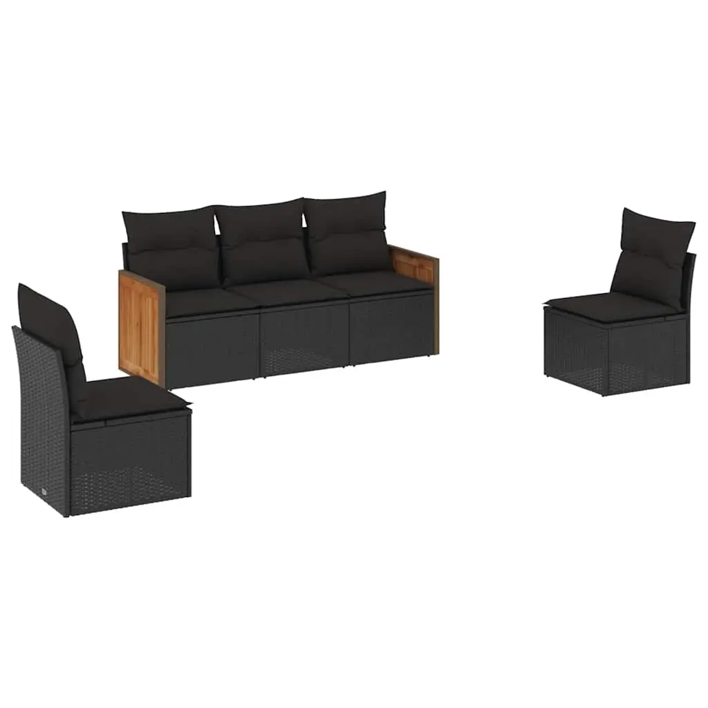 5 Piece Garden Sofa Set with Cushions Black Poly Rattan 3259927 - Furniture