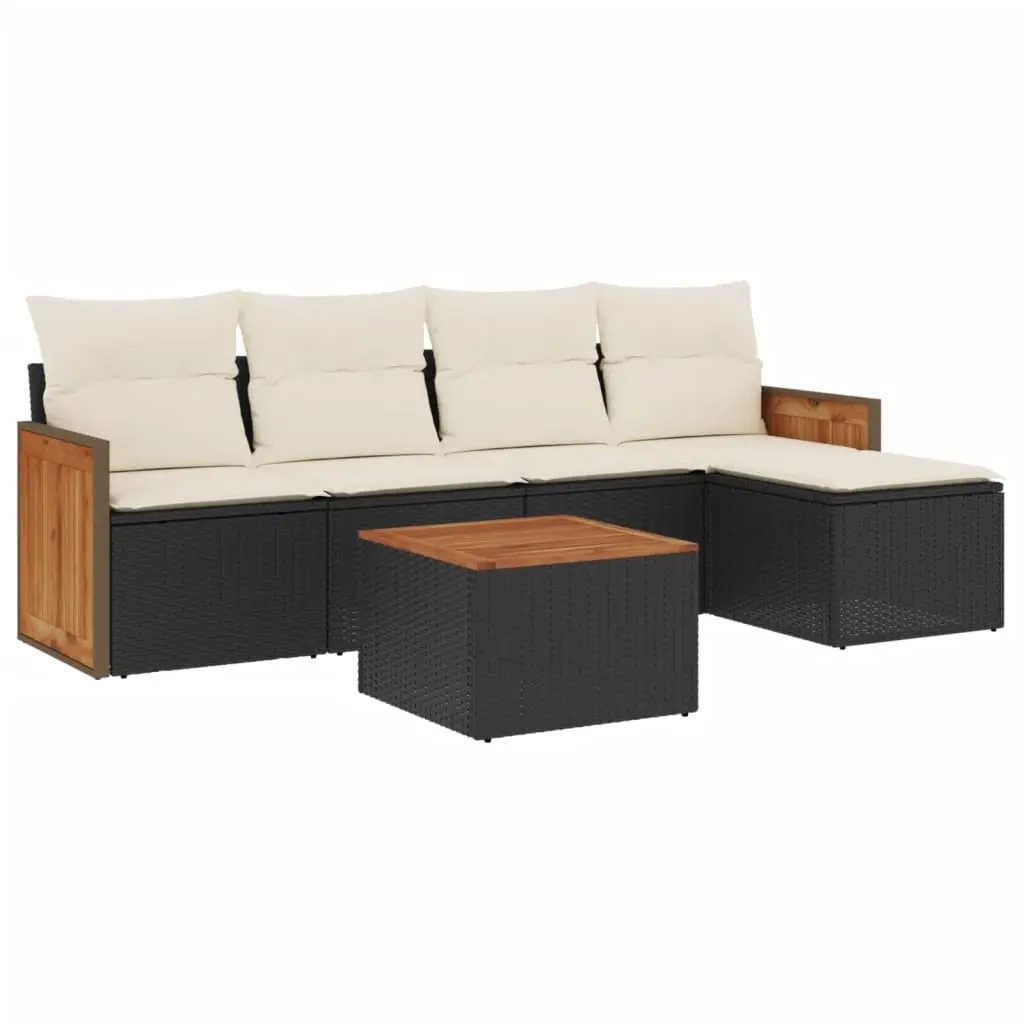 6 Piece Garden Sofa Set with Cushions Black Poly Rattan 3260005 - Furniture