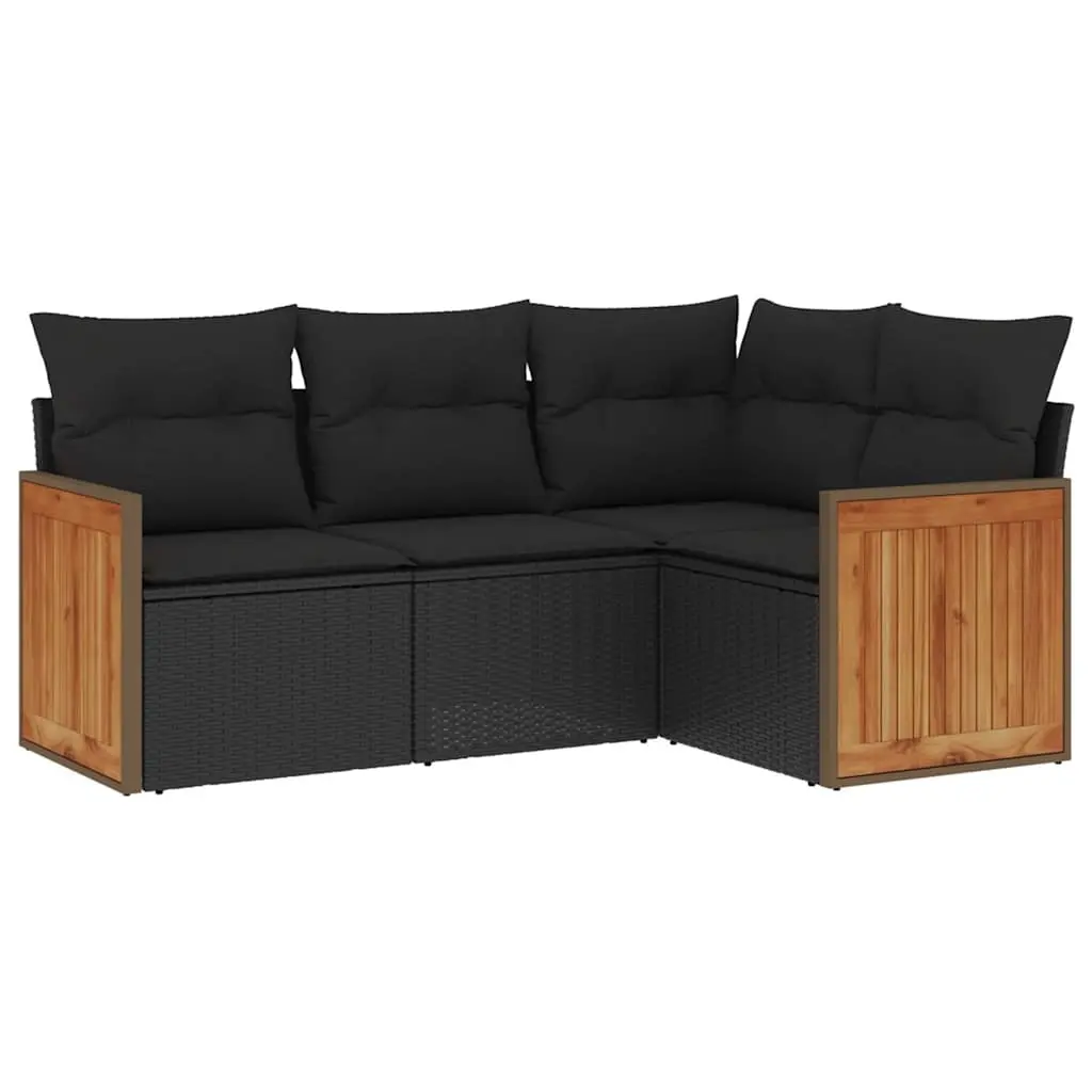 4 Piece Garden Sofa Set with Cushions Black Poly Rattan 3260011 - Furniture