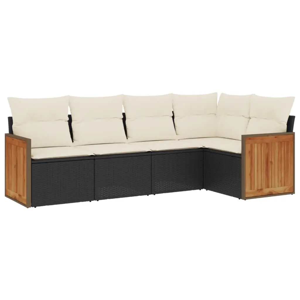 5 Piece Garden Sofa Set with Cushions Black Poly Rattan 3260026 - Furniture