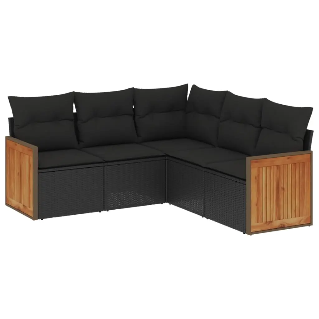 5 Piece Garden Sofa Set with Cushions Black Poly Rattan 3260039 - Furniture