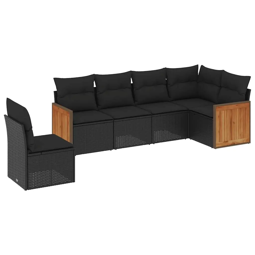 6 Piece Garden Sofa Set with Cushions Black Poly Rattan 3260095 - Furniture