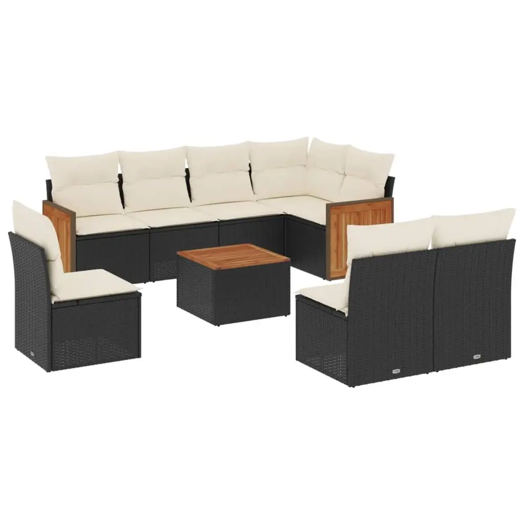 9 Piece Garden Sofa Set with Cushions Black Poly Rattan 3260131 - Furniture