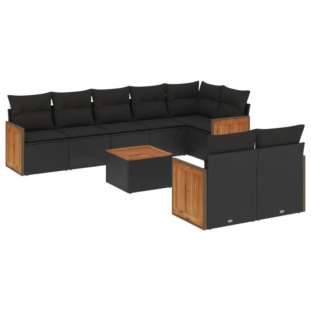 9 Piece Garden Sofa Set with Cushions Black Poly Rattan 3260235 - Furniture