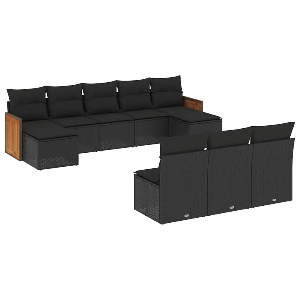 10 Piece Garden Sofa Set with Cushions Black Poly Rattan 3260466 - Furniture