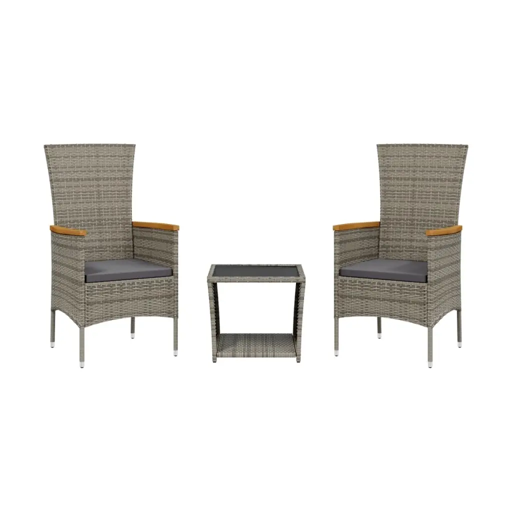3 Piece Garden Dining Set with Cushions Grey Poly Rattan 3277562 - Furniture