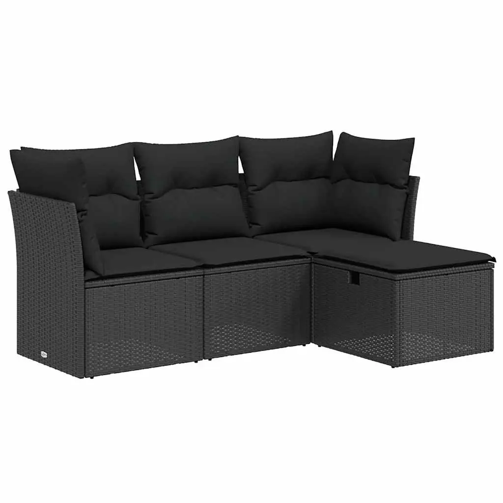 4 Piece Garden Sofa Set with Cushions Black Poly Rattan 3263111 - Furniture