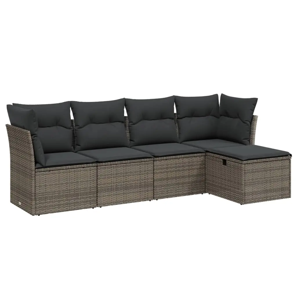 5 Piece Garden Sofa Set with Cushions Grey Poly Rattan 3263136 - Furniture