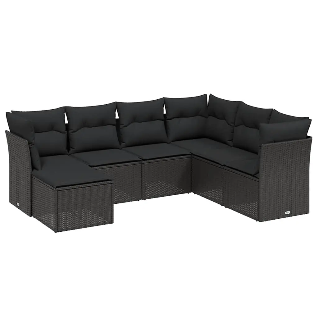 7 Piece Garden Sofa Set with Cushions Black Poly Rattan 3263211 - Furniture