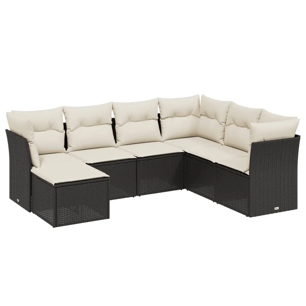 7 Piece Garden Sofa Set with Cushions Black Poly Rattan 3263212 - Furniture