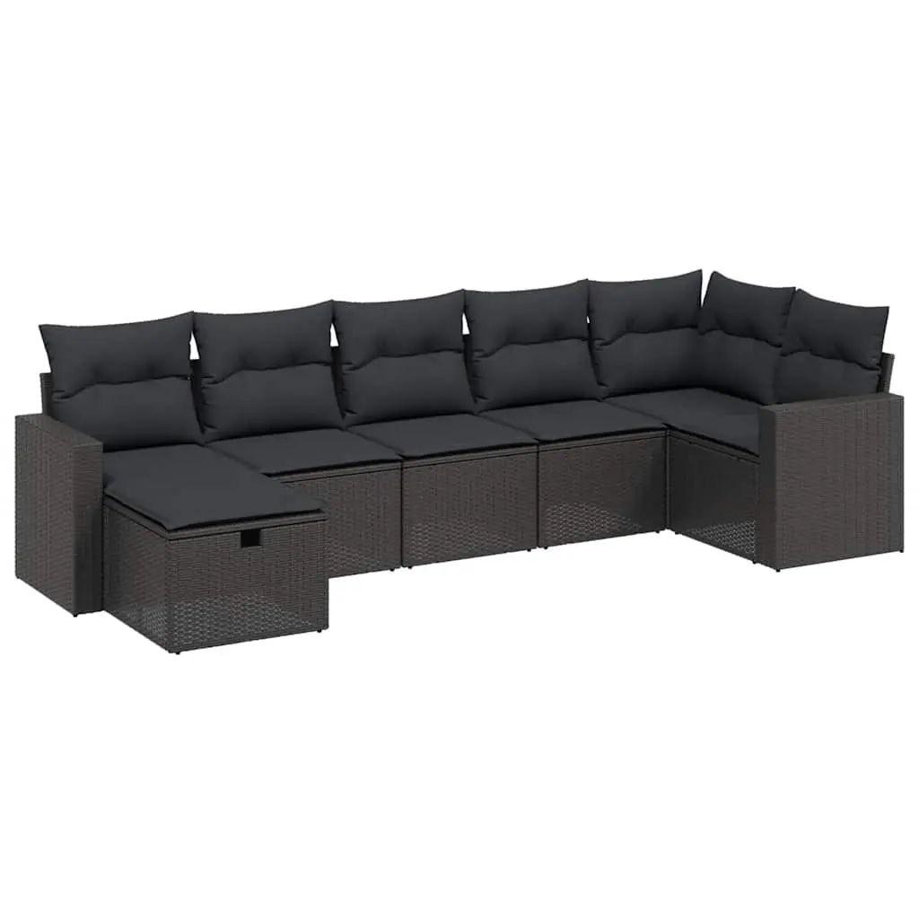 7 Piece Garden Sofa Set with Cushions Black Poly Rattan 3263501 - Furniture