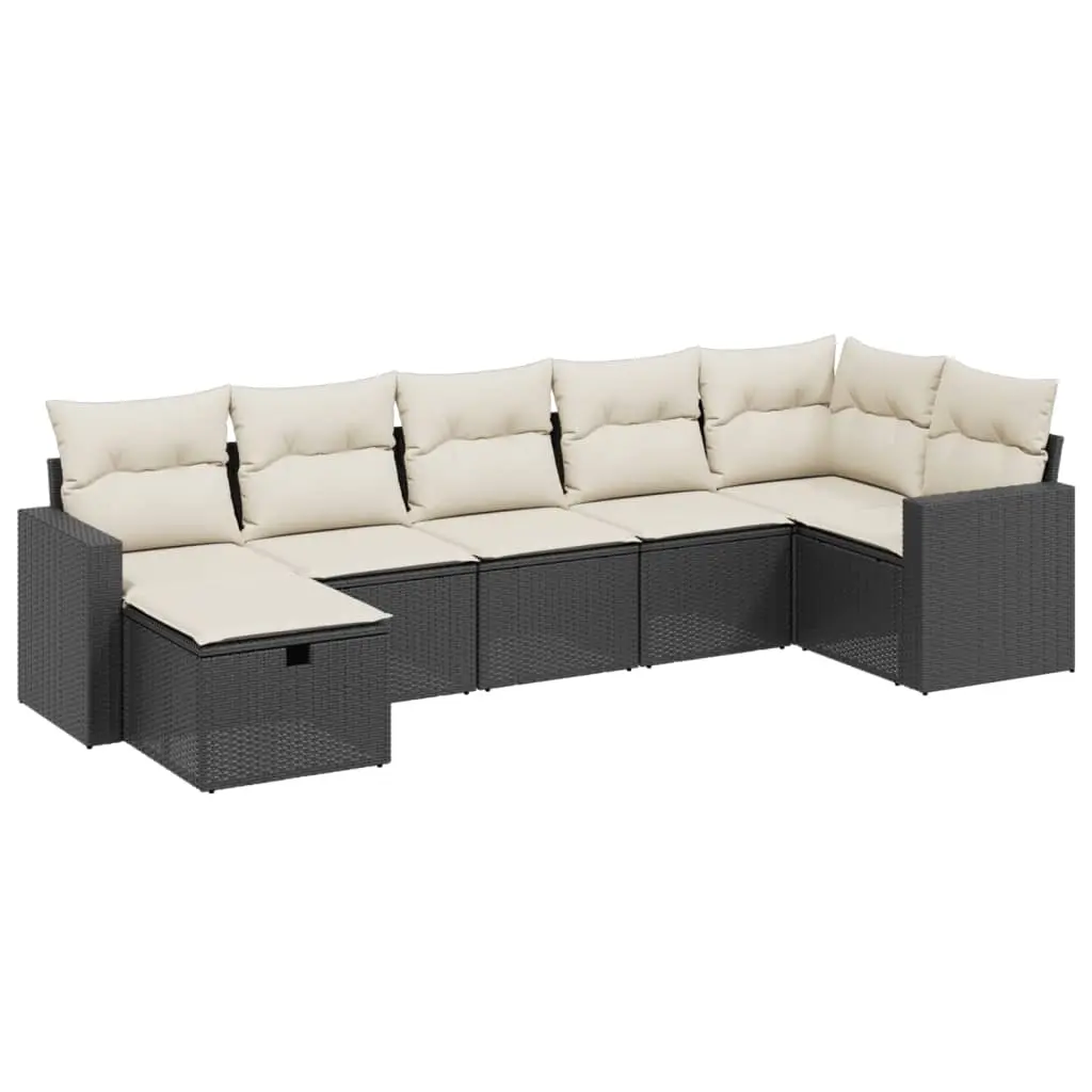 7 Piece Garden Sofa Set with Cushions Black Poly Rattan 3263502 - Furniture