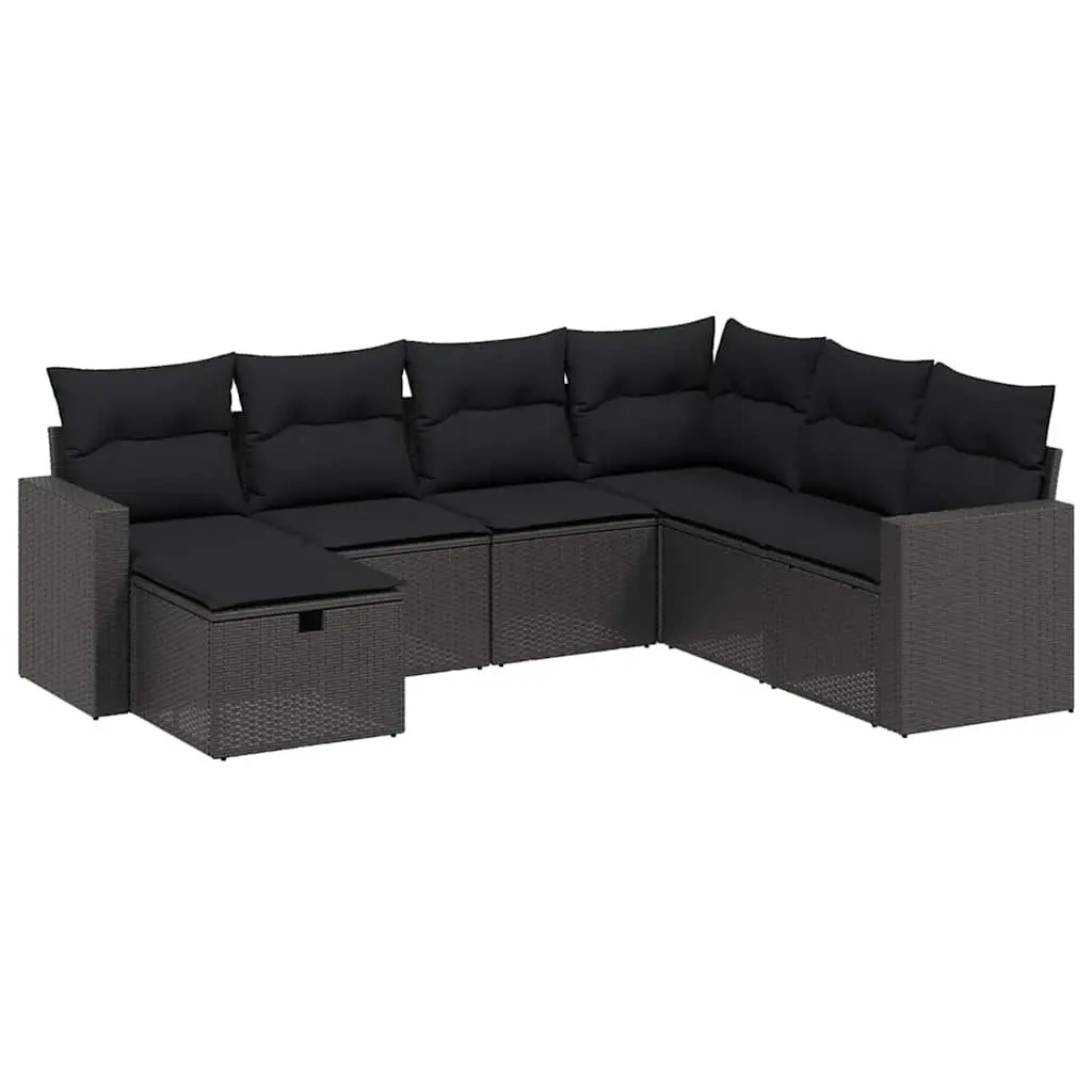 7 Piece Garden Sofa Set with Cushions Black Poly Rattan 3263521 - Furniture