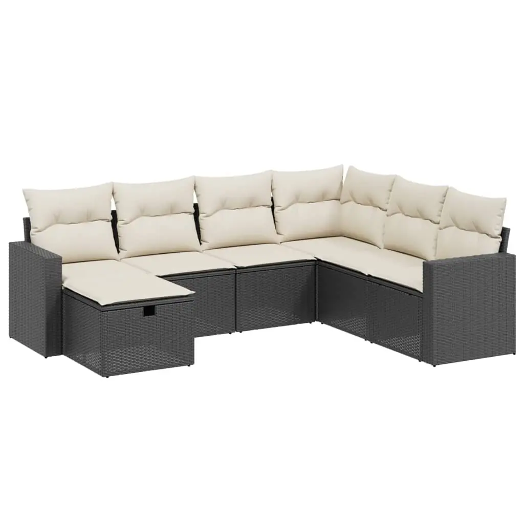 7 Piece Garden Sofa Set with Cushions Black Poly Rattan 3263522 - Furniture