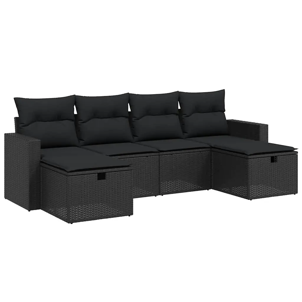6 Piece Garden Sofa Set with Cushions Black Poly Rattan 3263541 - Furniture