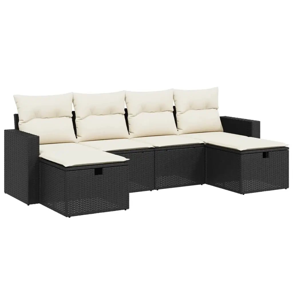 6 Piece Garden Sofa Set with Cushions Black Poly Rattan 3263542 - Furniture