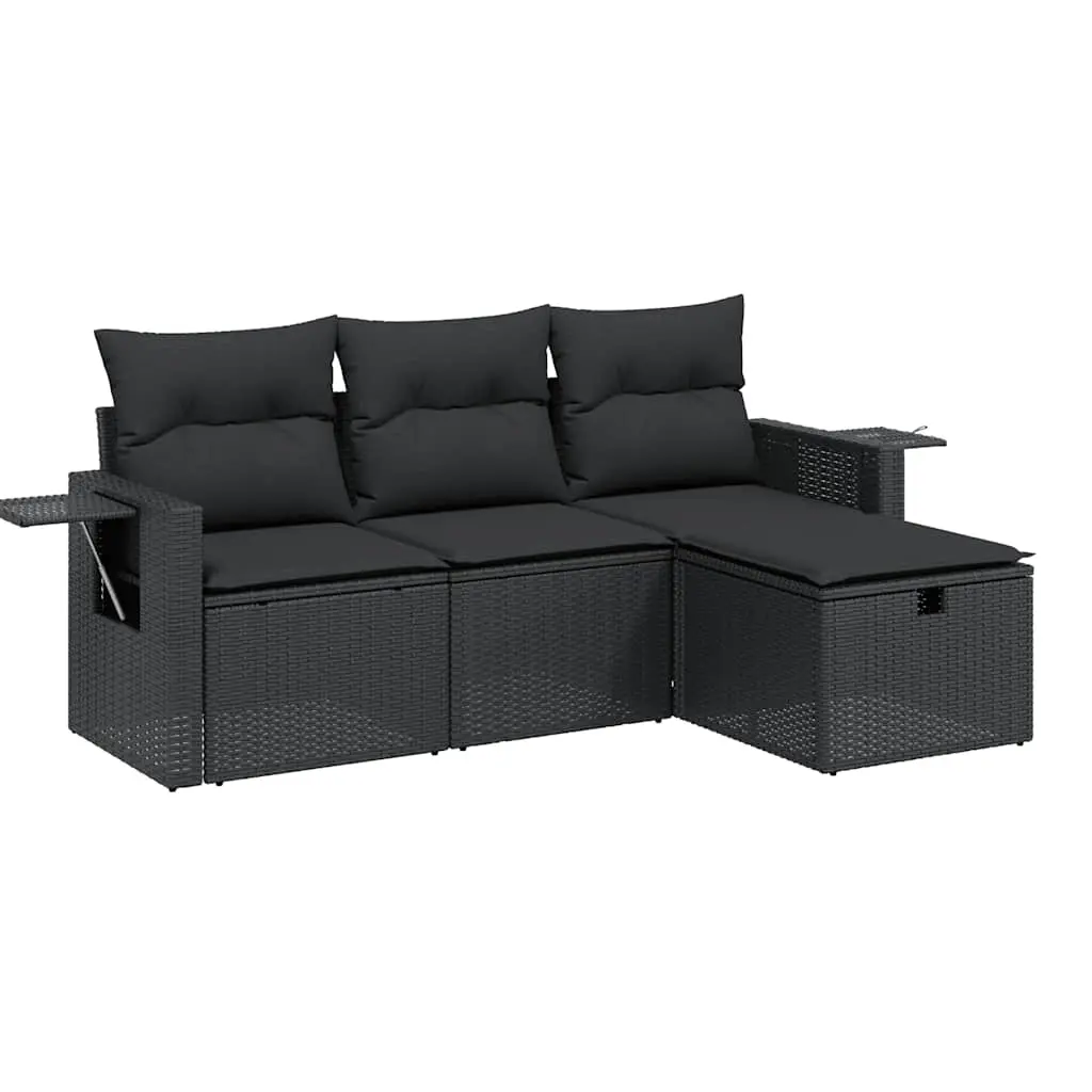 4 Piece Garden Sofa Set with Cushions Black Poly Rattan 3263751 - Furniture