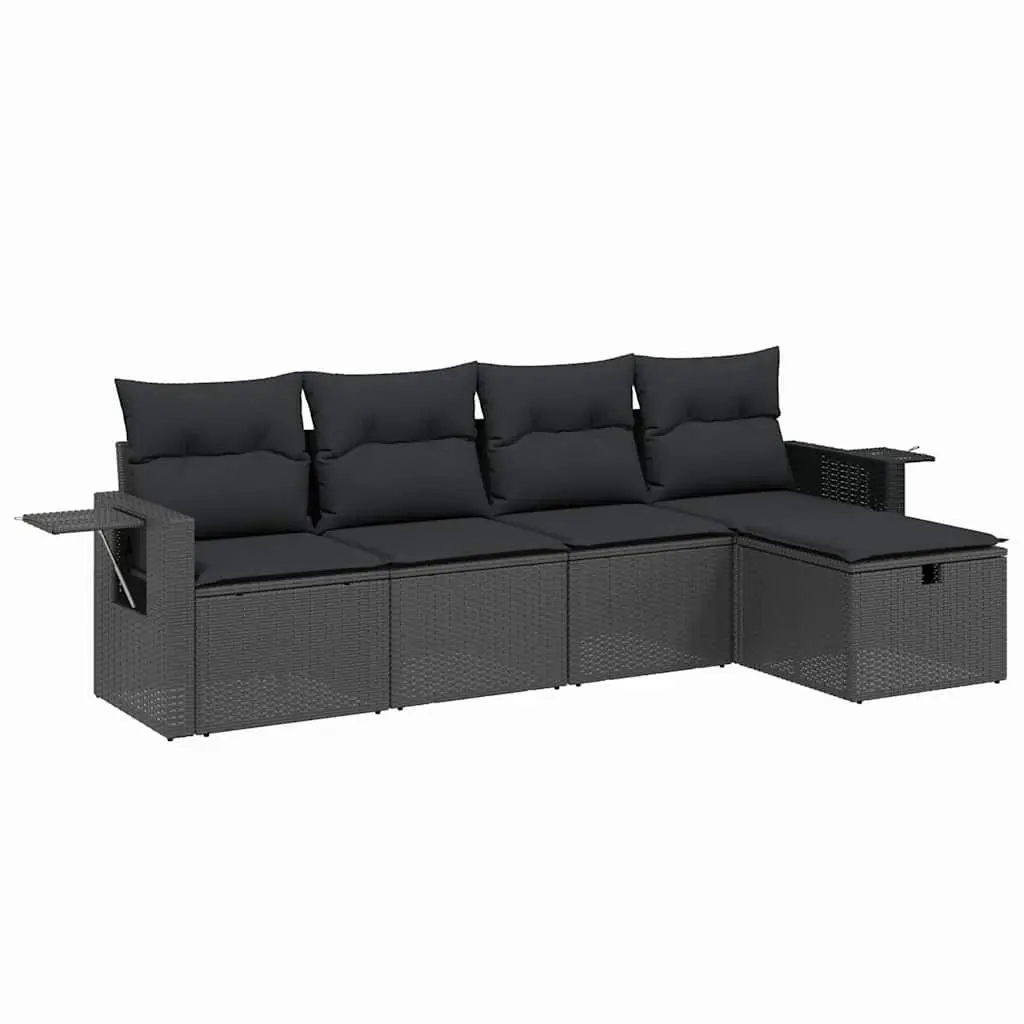 5 Piece Garden Sofa Set with Cushions Black Poly Rattan 3263771 - Furniture