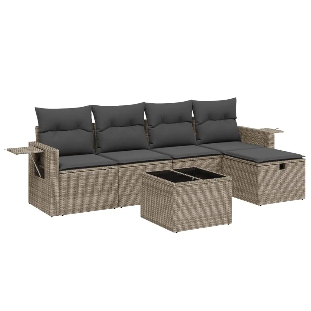 6 Piece Garden Sofa Set with Cushions Grey Poly Rattan 3263786 - Furniture
