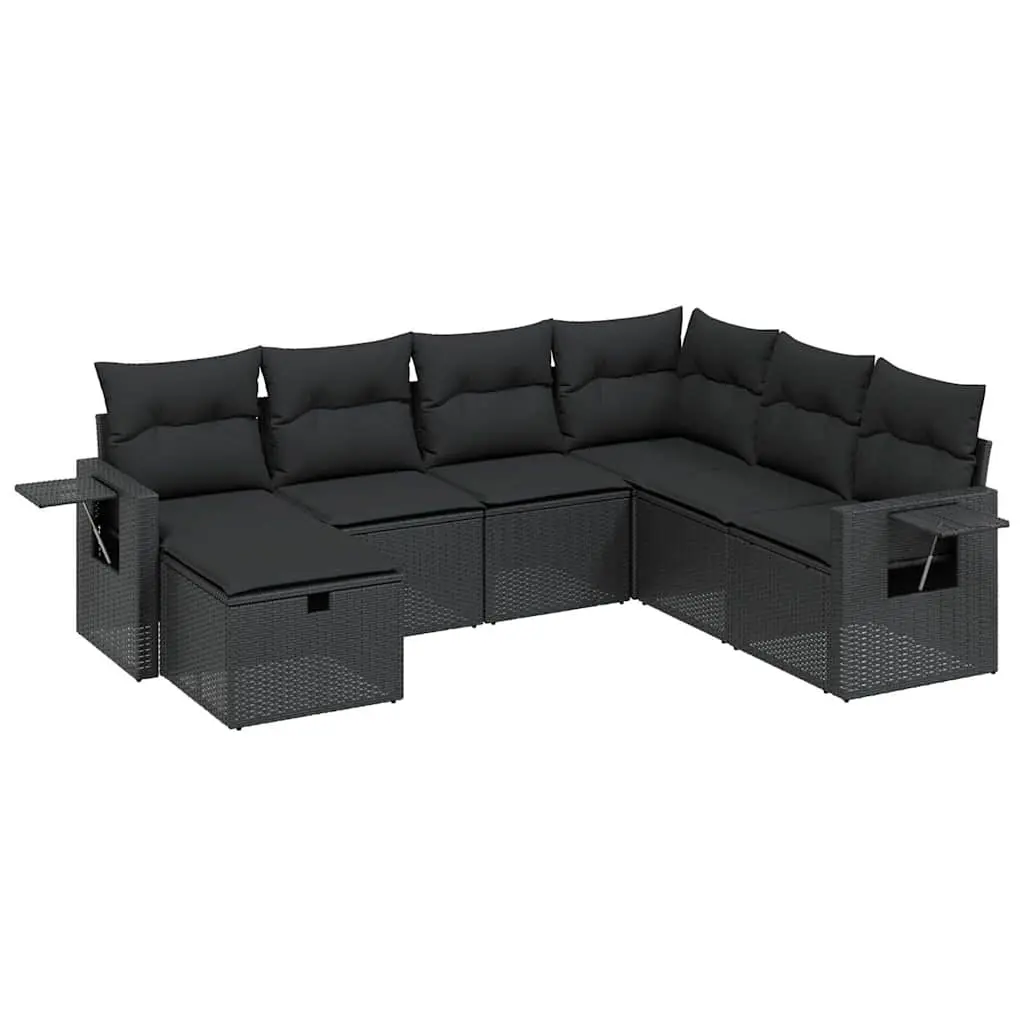 7 Piece Garden Sofa Set with Cushions Black Poly Rattan 3263831 - Furniture