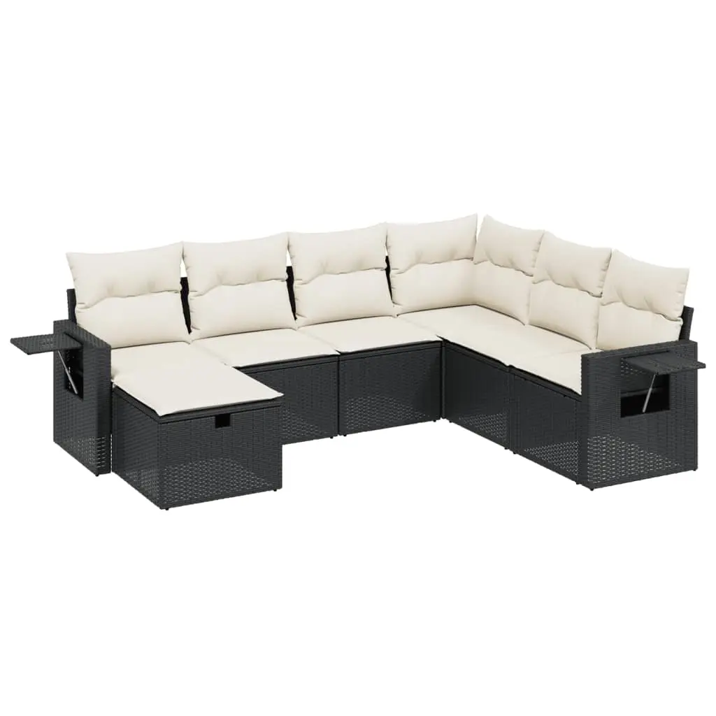 7 Piece Garden Sofa Set with Cushions Black Poly Rattan 3263832 - Furniture