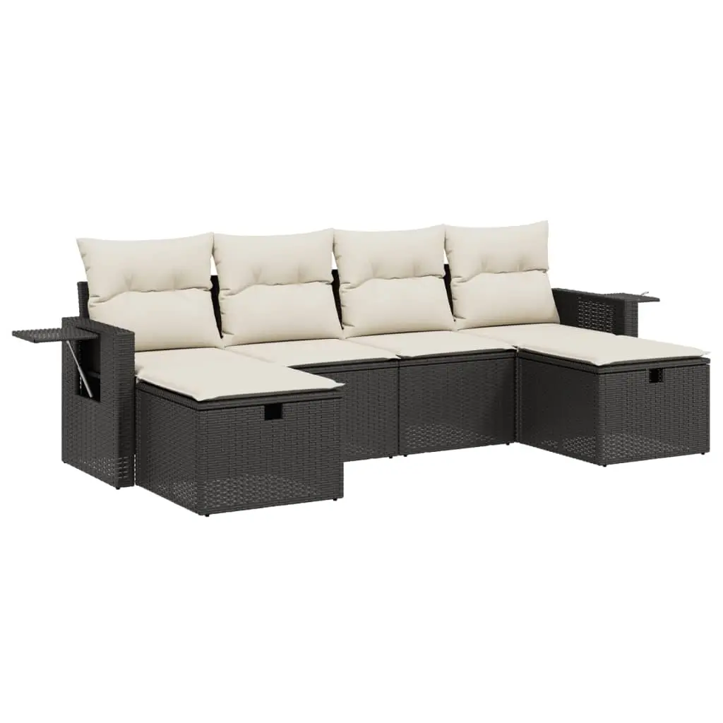6 Piece Garden Sofa Set with Cushions Black Poly Rattan 3263852 - Furniture
