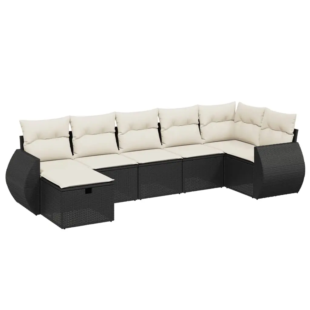 7 Piece Garden Sofa Set with Cushions Black Poly Rattan 3264122 - Furniture