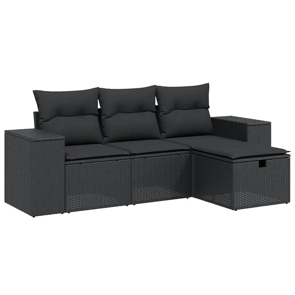 4 Piece Garden Sofa Set with Cushions Black Poly Rattan 3264371 - Furniture