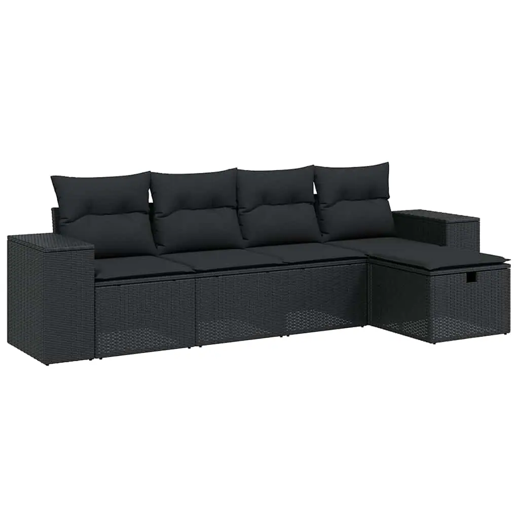 5 Piece Garden Sofa Set with Cushions Black Poly Rattan 3264391 - Furniture