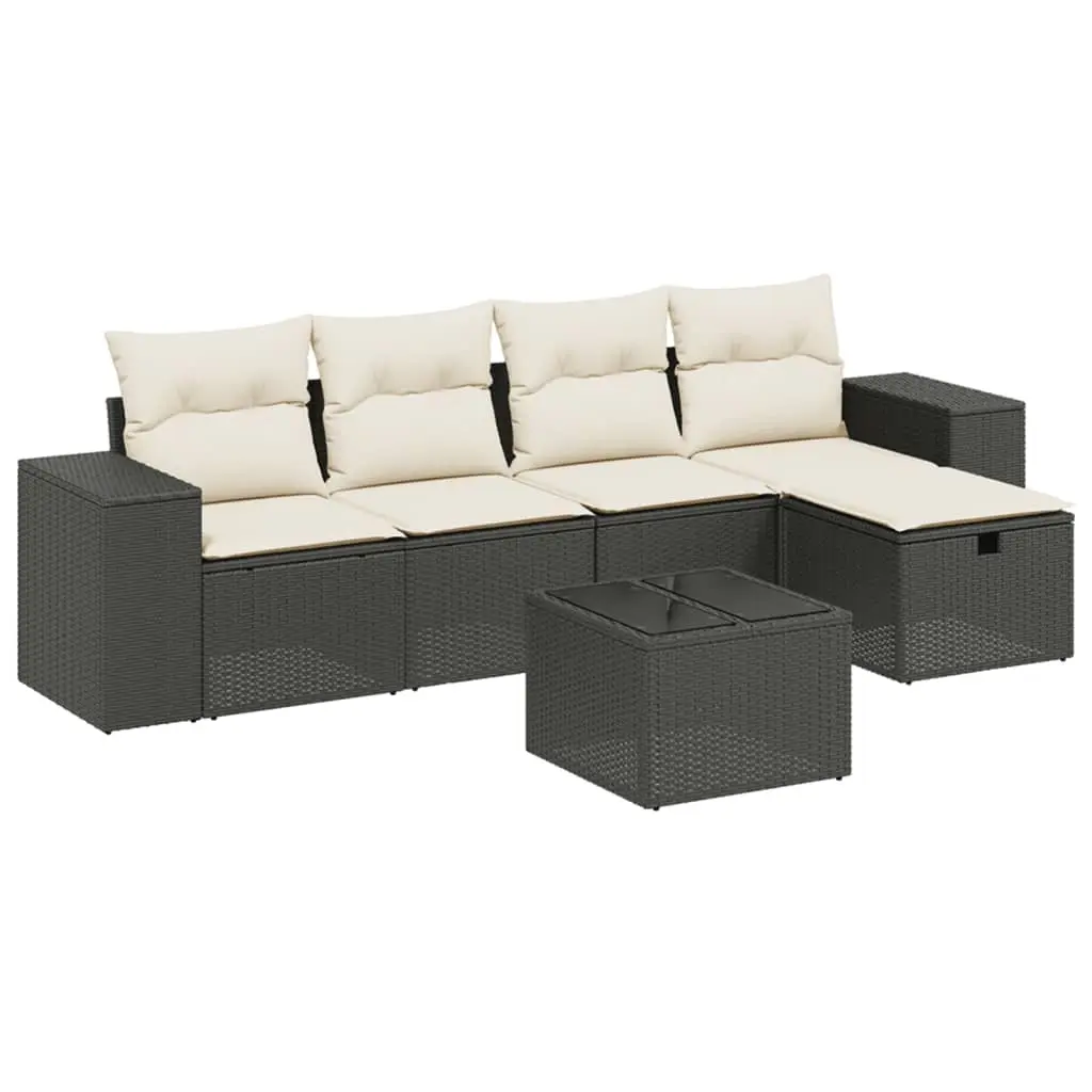 6 Piece Garden Sofa Set with Cushions Black Poly Rattan 3264402 - Furniture