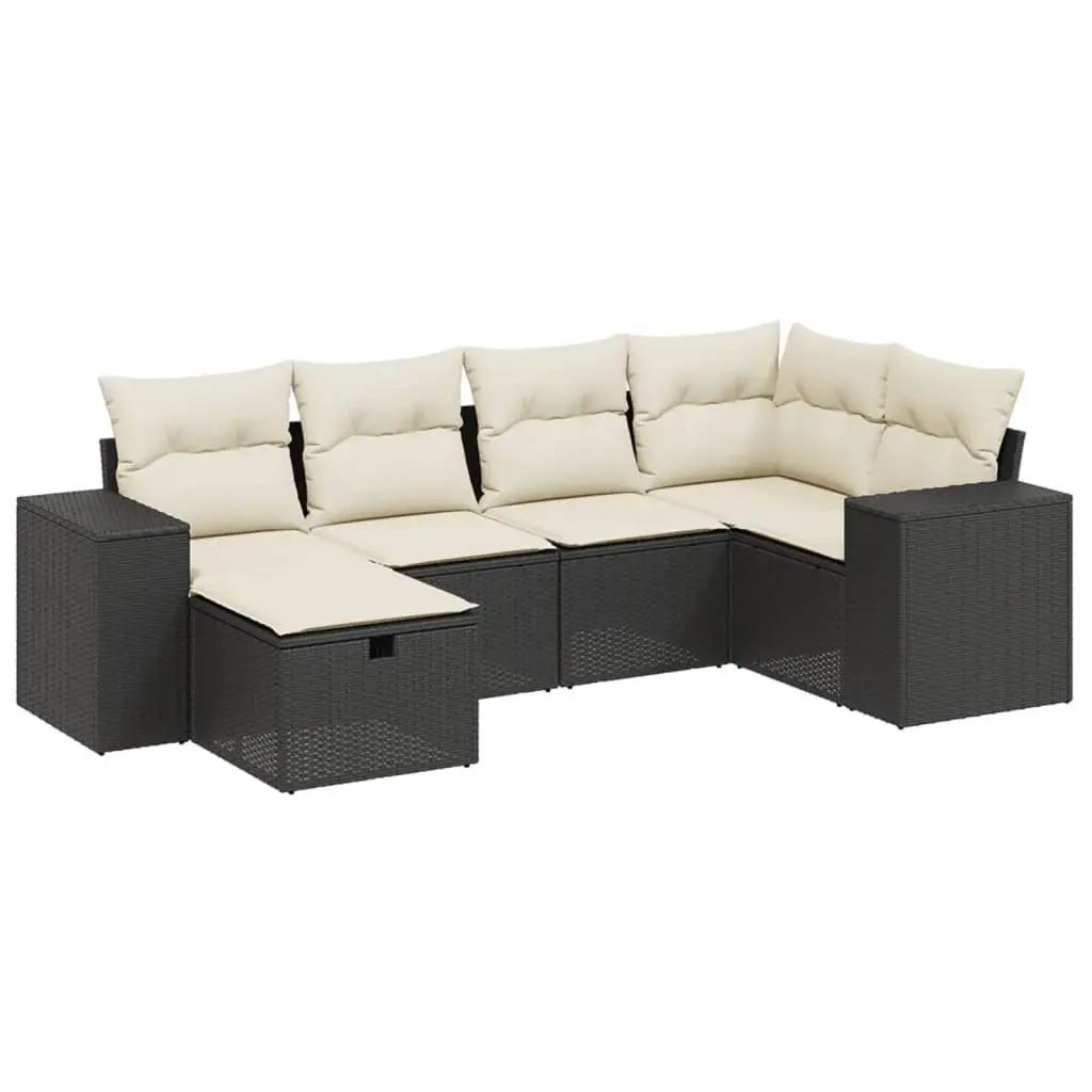 6 Piece Garden Sofa Set with Cushions Black Poly Rattan 3264412 - Furniture