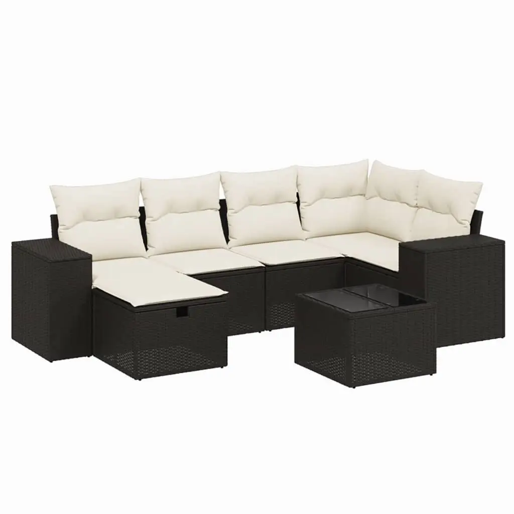7 Piece Garden Sofa Set with Cushions Black Poly Rattan 3264422 - Furniture
