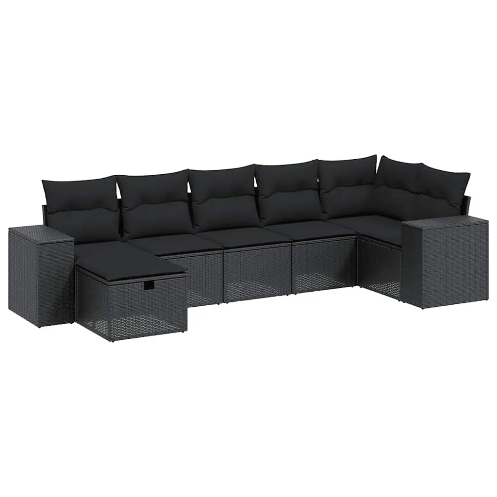 7 Piece Garden Sofa Set with Cushions Black Poly Rattan 3264431 - Furniture