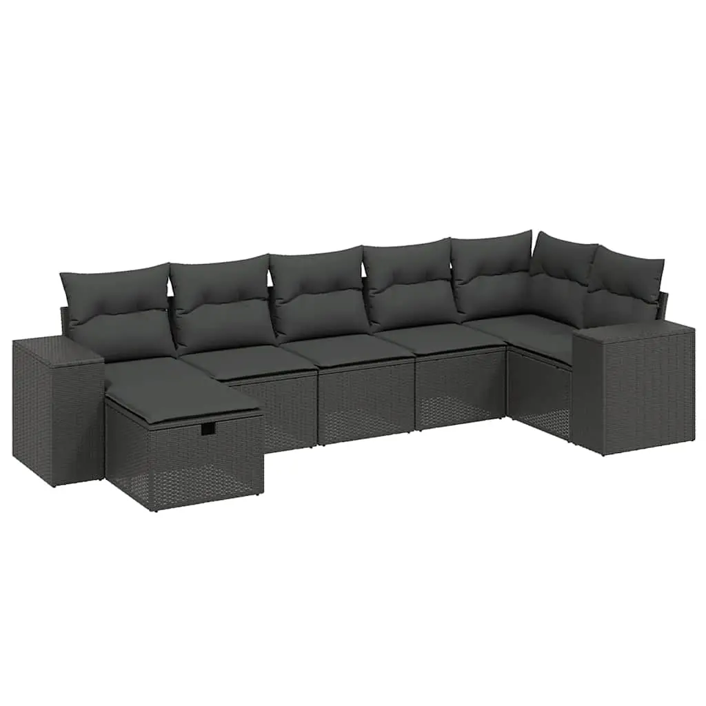 7 Piece Garden Sofa Set with Cushions Black Poly Rattan 3264451 - Furniture