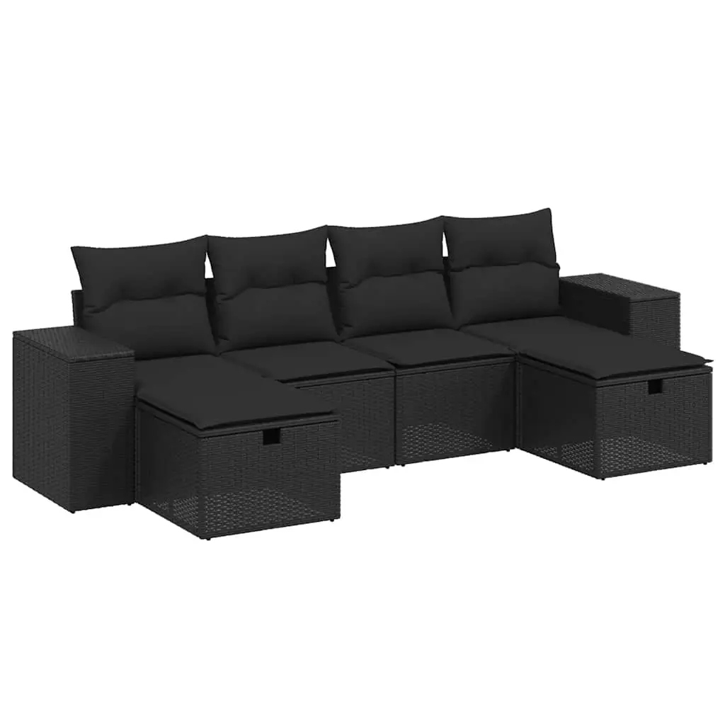 6 Piece Garden Sofa Set with Cushions Black Poly Rattan 3264471 - Furniture