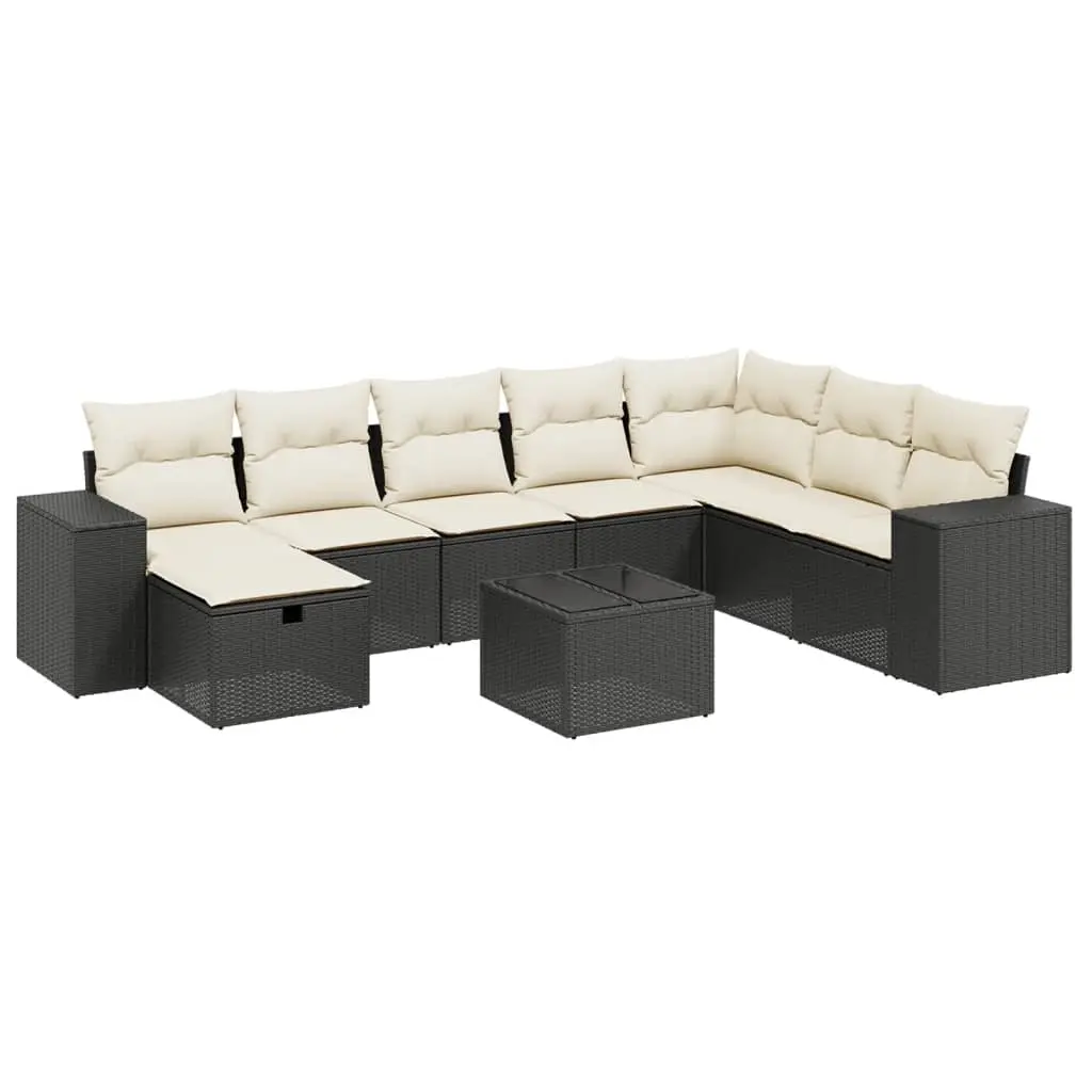 9 Piece Garden Sofa Set with Cushions Black Poly Rattan 3264522 - Furniture